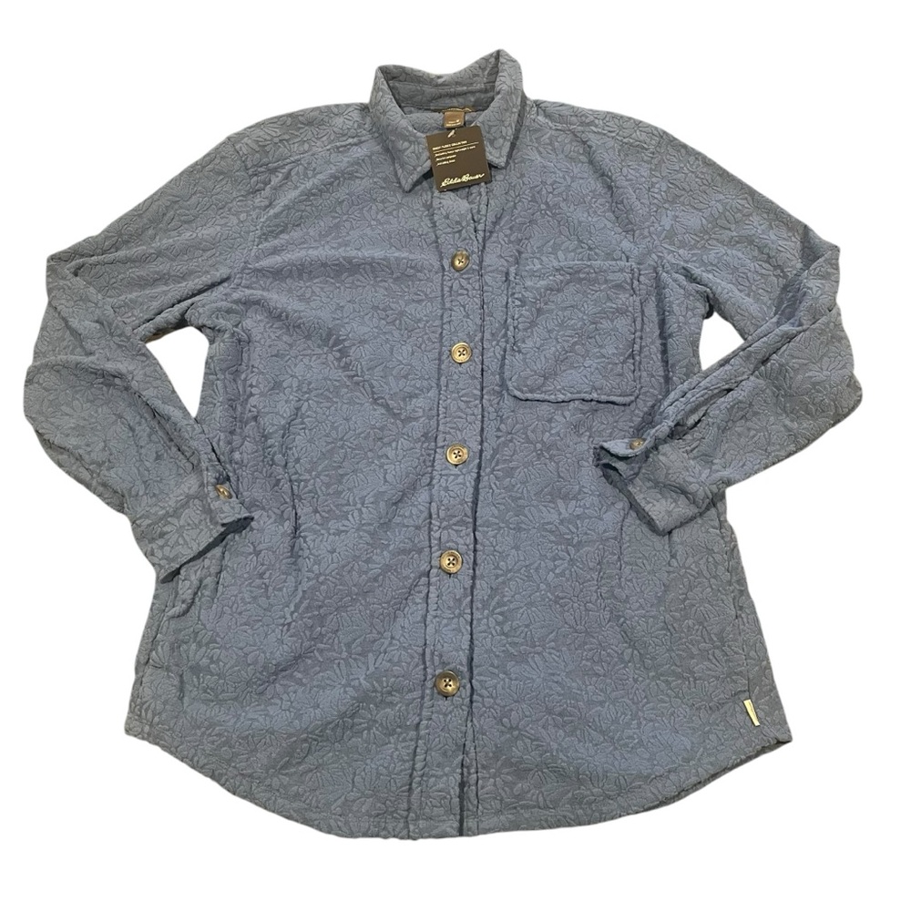 Eddie Bauer Women Medium Blue Chutes Quest Fleece‎ Shirt Jacket Button Down